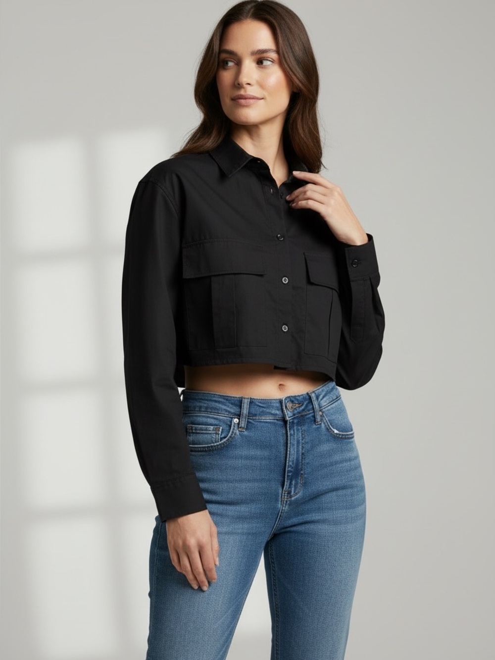 Zara Black Cropped Button-Up Shirt
